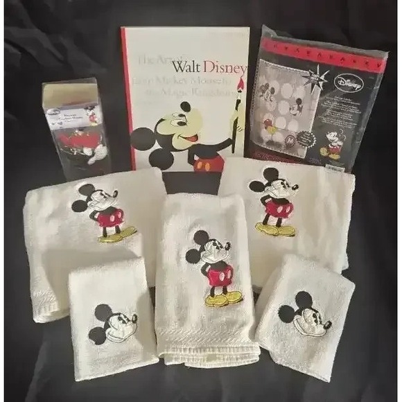 Disney Other - Mickey Mouse Bathroom Set- Towels Washcloths Shower Curtain Hooks & Art Book